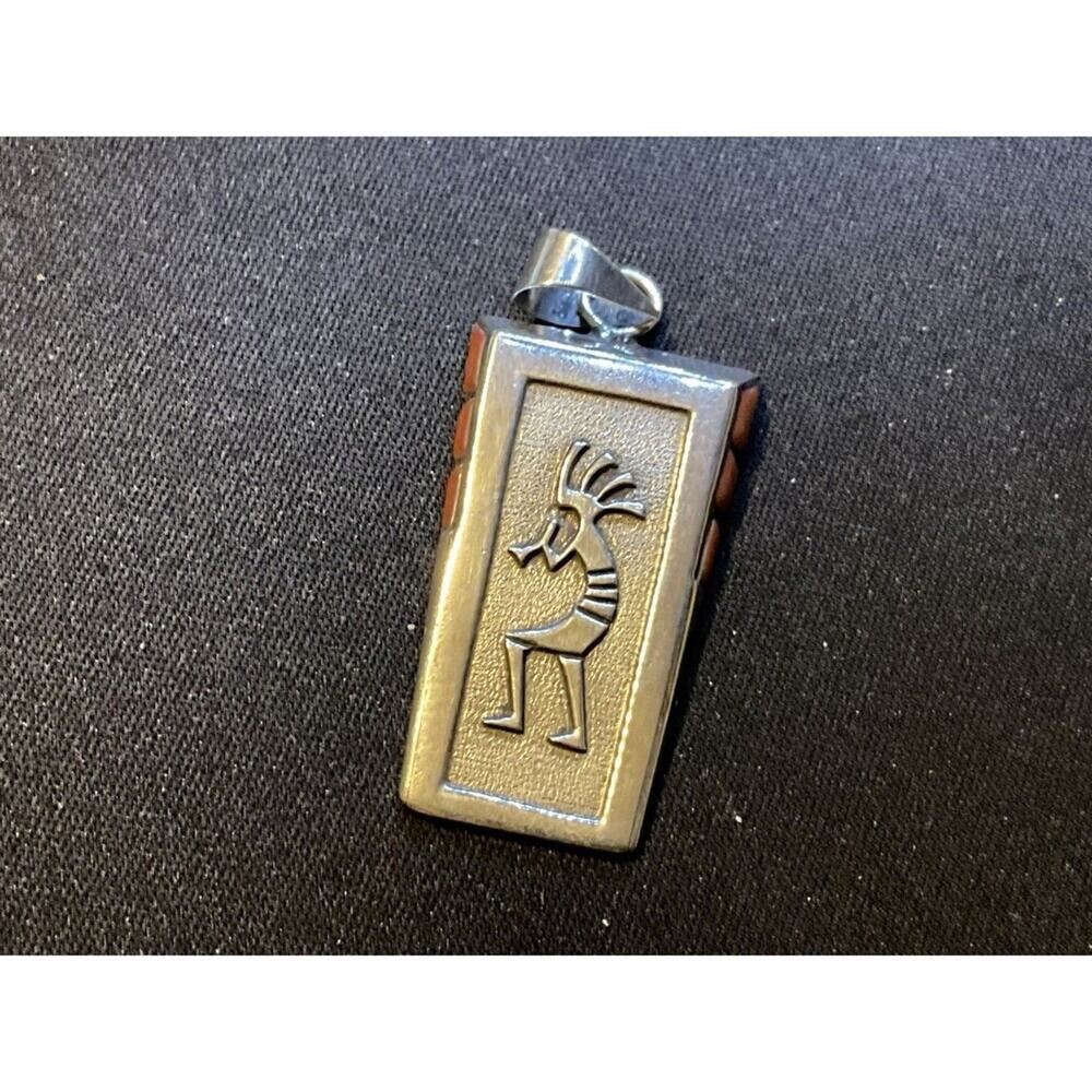 Navajo Leonard Jim Signed Sterling Silver Kokopelli And Coral Pendant